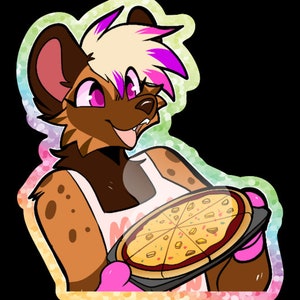 May include: A cartoon hyena with pink and blonde hair wearing a pink apron and holding a pizza with pineapple and other toppings on a black pan.