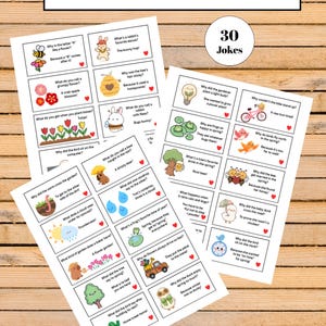 May include: A set of three printed sheets of Spring Theme Lunch Box Joke Notes. Each note features a spring-themed illustration and a joke. The notes are printed on white paper with colorful graphics and text. The image includes a circle with the text "30 Jokes".