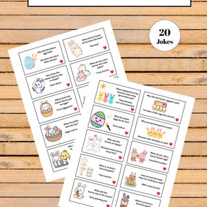 May include: Easter-themed lunch box joke notes with 20 jokes. The notes feature colorful illustrations of Easter eggs and bunnies, with pun-filled jokes. The text includes phrases like "Hare-obics!" and "Kara-yolk-e!"