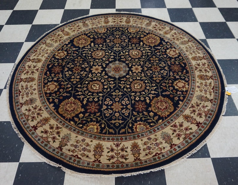 Traditional 6 Feet Navy Beige Round Area Rug Etsy