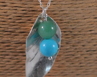 Silver leaf necklace with green aventurine and turquoise bead, botanical jewellery.