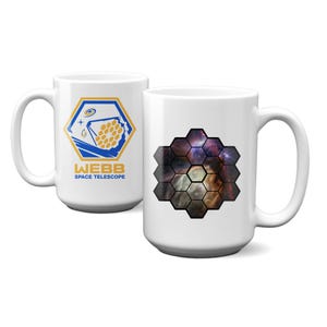 May include: Two white ceramic mugs. One mug features a blue and gold geometric design with the text "WEBB SPACE TELESCOPE." The other mug displays a hexagonal pattern of a colorful nebula.