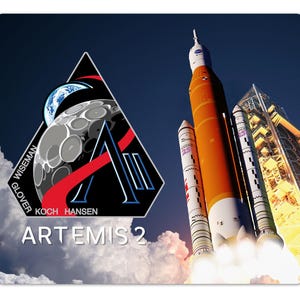 May include: A mousepad featuring the Artemis 2 mission logo and a depiction of the Space Launch System (SLS) rocket launching. The logo includes the Earth, the Moon, and the names of the crew members. The rocket is orange and white, with flames and smoke.