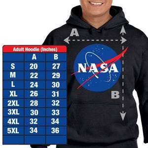 Adult hoodie size guide from Spaceflightstore