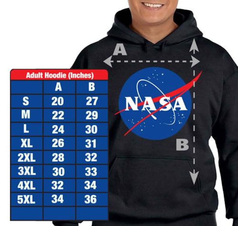 Adult hoodie size guide from Spaceflightstore