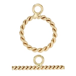 May include: Gold-toned metal jewelry clasp with a twisted rope design. The clasp has a round ring and a straight bar.
