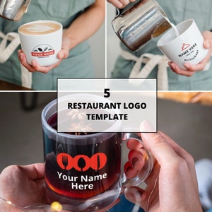 May include: A collage of three images showcasing restaurant logo templates on mugs and cups. The logos feature red and black icons of utensils and a chef's hat, with the text "Your Name Here" and "Restaurant". The central image displays the text "5 Restaurant Logo Template".
