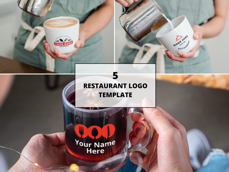 May include: A collage of three images showcasing restaurant logo templates on mugs and cups. The logos feature red and black icons of utensils and a chef's hat, with the text "Your Name Here" and "Restaurant". The central image displays the text "5 Restaurant Logo Template".