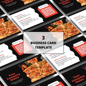 May include: Business card template featuring a pizza graphic. The cards have a black background with white text, including contact information and a QR code. The text "Your Company Name" and "Delicious food for every mood" are also visible.