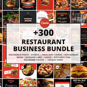 May include: A collection of restaurant-themed digital marketing templates. The image features various food images, including burgers, pizza, and steak. Text includes "Restaurant Business Bundle," "Instagram Posts," and "Facebook Covers."