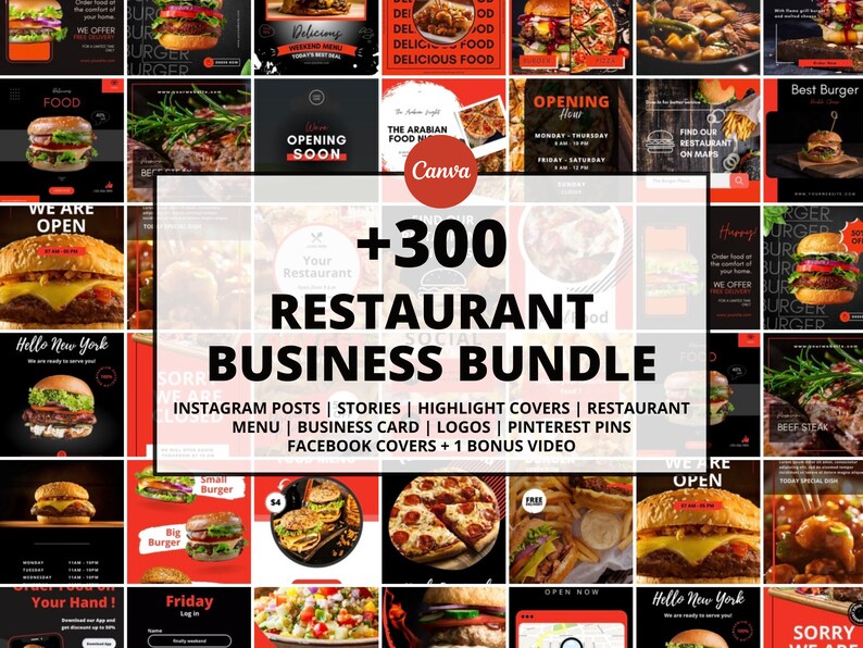 May include: A collection of restaurant-themed digital marketing templates. The image features various food images, including burgers, pizza, and steak. Text includes "Restaurant Business Bundle," "Instagram Posts," and "Facebook Covers."