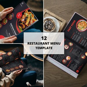 May include: A collection of restaurant menu templates. The menus feature a black background with red and white text and food images. The text includes "Delicious Food" and "Fast Food". The image also includes the text "12 Restaurant Menu Template".