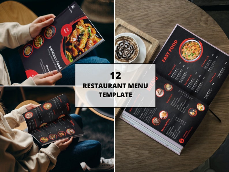 May include: A collection of restaurant menu templates. The menus feature a black background with red and white text and food images. The text includes "Delicious Food" and "Fast Food". The image also includes the text "12 Restaurant Menu Template".