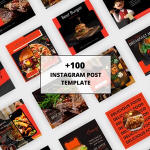 May include: A collection of Instagram post templates featuring food photography. The templates showcase various dishes, including burgers, steak, and breakfast items. The design incorporates red and black color schemes with text overlays such as "Delicious Food" and "Best Burger". The image also includes the text "+100 INSTAGRAM POST TEMPLATE".
