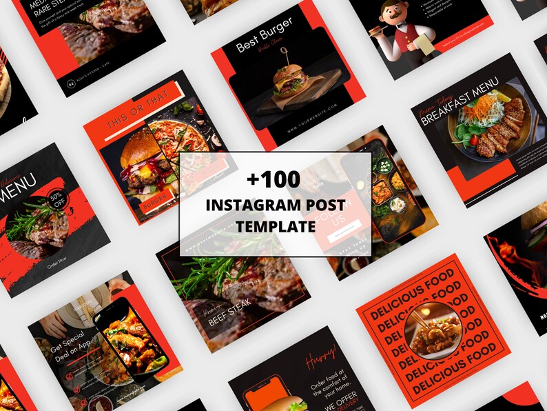 May include: A collection of Instagram post templates featuring food photography. The templates showcase various dishes, including burgers, steak, and breakfast items. The design incorporates red and black color schemes with text overlays such as "Delicious Food" and "Best Burger". The image also includes the text "+100 INSTAGRAM POST TEMPLATE".