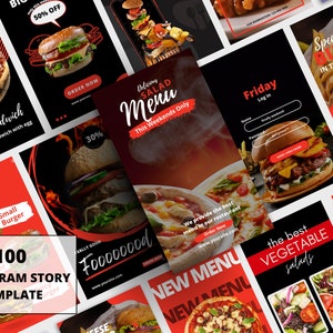 May include: A collection of Instagram story templates with a food theme. The templates feature images of burgers, pizza, and salads, with text overlays such as "Delicious Salad Menu" and "Special Burger in Town". The color scheme is primarily red, black, and white.