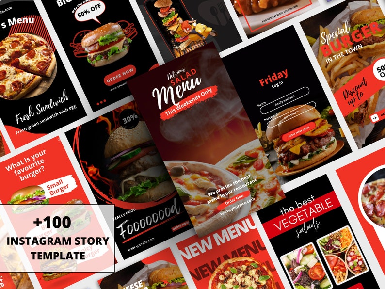 May include: A collection of Instagram story templates with a food theme. The templates feature images of burgers, pizza, and salads, with text overlays such as "Delicious Salad Menu" and "Special Burger in Town". The color scheme is primarily red, black, and white.