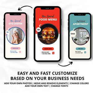 May include: Three smartphones displaying promotional content. One shows "New Special EYE CREAM" with a woman. Another displays a burger with "New Special FOOD MENU." The last shows an apartment with "Just listed APARTMENT."