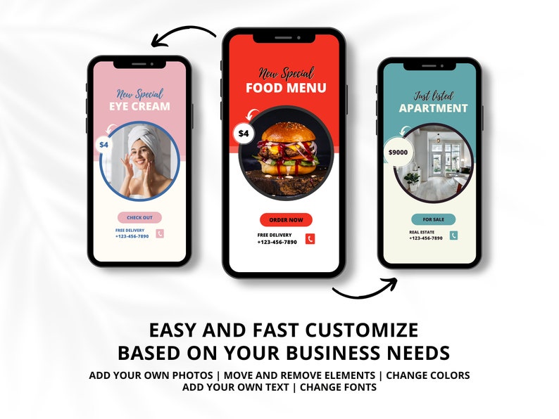 May include: Three smartphones displaying promotional content. One shows "New Special EYE CREAM" with a woman. Another displays a burger with "New Special FOOD MENU." The last shows an apartment with "Just listed APARTMENT."
