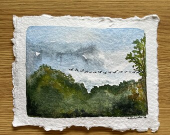 original watercolor landscape, cottage core, light academia, summer watercolor painting, flying geese artwork, nature watercolor, watercolor
