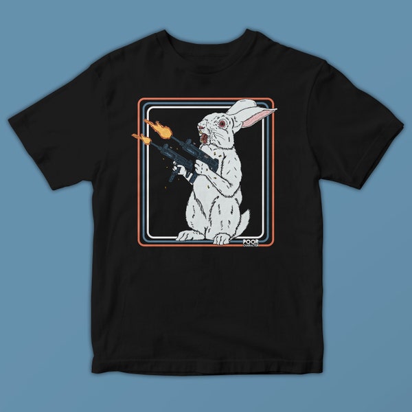 Blastin' Bunny T-Shirt | White Rabbit Graphic T-Shirt | Rabbit Humor T-Shirt | Bad Bunny | Funny Easter Bunny Gifts