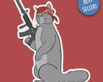 Cat with a Gat Sticker: Funny Weatherproof Vinyl Decal