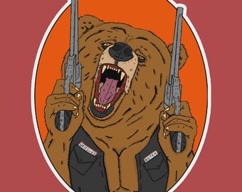 Grizzly Bear Sticker: Double-Barreled Biker Bear - 3" Vinyl Decal