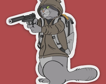 Alley Cat with Gat Sticker: Weatherproof Vinyl Funny Laptop Decal