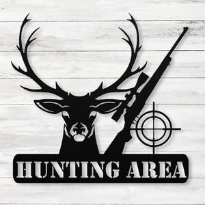 Deer Hunter Metal Sign, Personalized Bow and Hunting Rifle Sign, Deer Hunting Wall Hanging, Hunter Gift, Cabin Sign, Fathers Day Gift