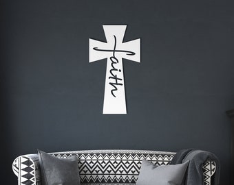 Plaque en métal croix foi, art mural chrétien, décoration murale croix, cadeau religieux pour chrétiens, cadeau de baptême, mots de foi en croix coeur art