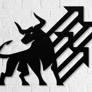 Puede incluir: Arte de pared de metal negro con la silueta de un toro cargando hacia adelante, con un patrón geométrico detrás.