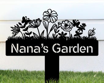 Letrero de jardín personalizado con estaca, letrero de flores silvestres, letrero de jardín para exteriores, regalos de jardinería, letrero de metal personalizado, jardín de mamá, jardín de abuela