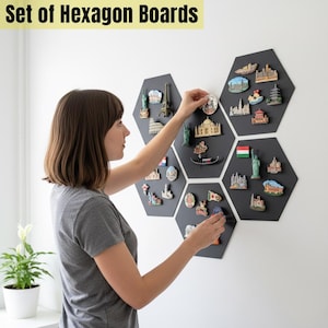 May include: Set of Hexagon Boards with travel-themed magnets. The black hexagon boards are mounted on a white wall. The magnets depict landmarks like the Eiffel Tower, Statue of Liberty, and the Taj Mahal.