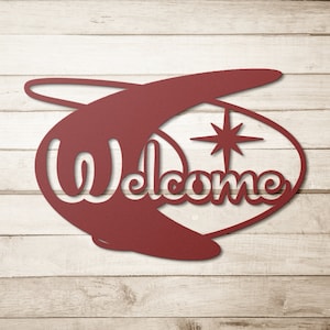 Mid Century Modern Welcome Sign Atomic Boomerang Mid Century Handcrafted Retro MCM Gold Starburst Design for Wall Art