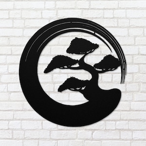 May include: Black metal wall art featuring a stylized silhouette of a bonsai tree inside a circle. The tree has multiple branches and leaves.
