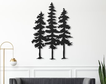 May include: Black metal wall art featuring a silhouette of three pine trees. The trees are arranged in a cluster, with the tallest tree in the center. The art is perfect for adding a touch of nature to any room.