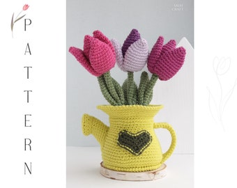 Gehaakte gieter met amigurumi-patroon tulpen, woondecoratie, bloemencadeau (digitaal patroon)
