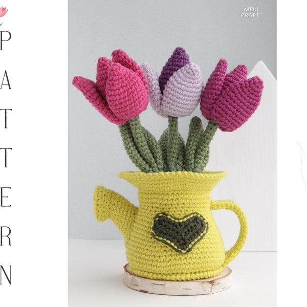 Crochet watering can with tulips, amigurumi can pattern, crochet tulips