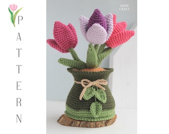 Crochet Tulips in a pot pattern, amigurumi flowers, Tulips flower