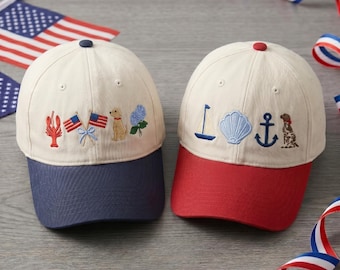 Gorra de béisbol mini bordada con diseño patriótico personalizado, estilo preppy costero, regalo de verano de Nantucket, gorra para el 4 de julio en EE. UU.
