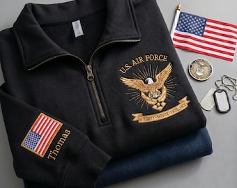 Sudadera personalizada con cremallera de un cuarto bordada de la Fuerza Aérea de EE. UU., sudadera con nombre de aviador personalizado, regalo de excelencia en el servicio e integridad de la USAF, prenda para veteranos militares.