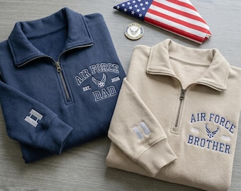 Sudadera con cremallera de un cuarto bordada personalizada para papá de la Fuerza Aérea, regalo militar para papá capitán, suéter para veterano de la Fuerza Aérea de EE. UU., suéter para familia militar