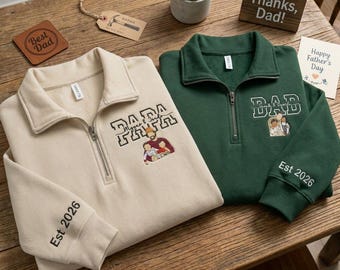 Sudadera con cremallera de un cuarto bordada personalizada para papá con el nombre de los niños, sudadera con cremallera de un cuarto con retrato familiar personalizado, regalo para el Día del Padre, sudadera bordada para papá