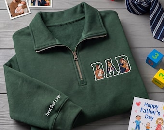 Cremallera QT personalizada con foto de papá bordada, retrato personalizado con la palabra "PAPÁ" en la cremallera de un cuarto, bordado en la manga "El mejor papá del mundo", regalo para el Día del Padre