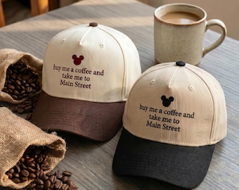 Gorra bordada de Coffee and Main Street, regalo para amantes del café de Disney, gorra de béisbol de Magic Kingdom, gorra retro para viajes a parques temáticos, gorra con orejas de ratón