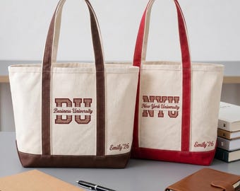 Bolso de lona bordado personalizado para negocios y universidad, regalo de graduación con nombre personalizado, bolso universitario estético, bolso de hombro con el espíritu de la universidad.