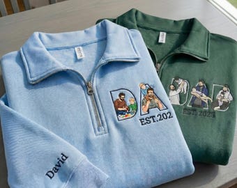 Sudadera personalizada con cremallera de un cuarto y foto bordada para papá, sudadera personalizada para el Día del Padre, regalo para papá primerizo EST 2024, sudadera con letra y foto, nombre de David en la manga
