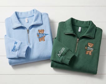 Suéter con cremallera de un cuarto y bordado personalizado con el oso de la universidad, regalo de graduación con nombre y año personalizados, suéter vintage universitario bordado, ropa para exalumnos