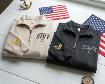 Sudadera con cremallera de un cuarto bordada personalizada de la Marina de los EE. UU., Sudadera de la Marina de los Estados Unidos, Regalo para el Día de los Veteranos Militares, Suboficial de la Marina de los EE. UU., Regalo para una familia orgullosa de la Marina