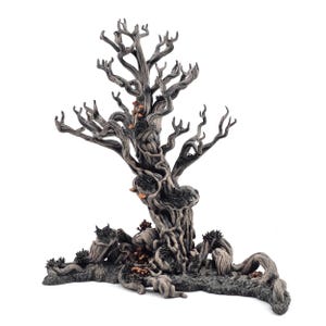May include: A detailed, grey and brown miniature tree sculpture with twisted branches and a gnarled trunk. Small, orange-brown fungi are scattered throughout the tree. The base features textured, dark grey roots and additional small plants, creating a miniature forest scene.